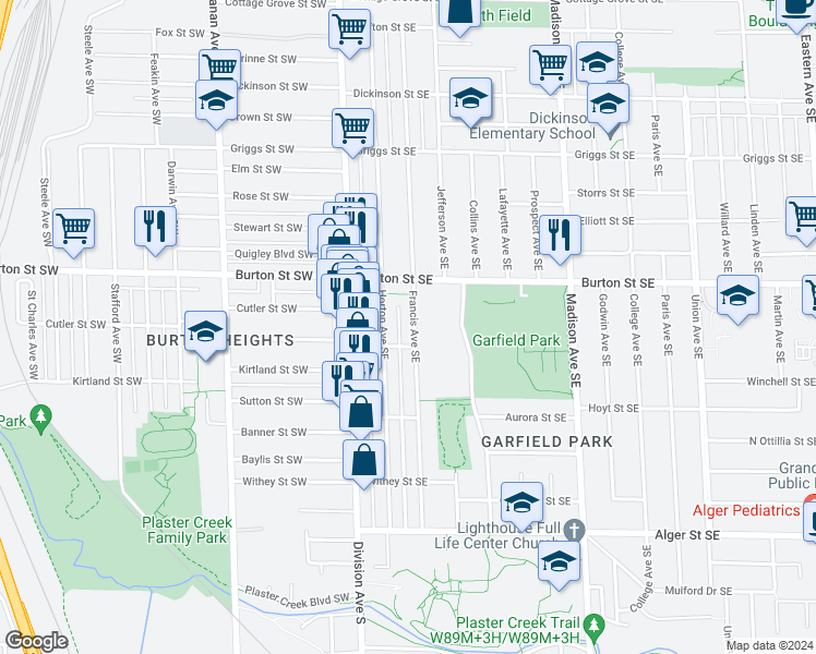 map of restaurants, bars, coffee shops, grocery stores, and more near 2045 Francis Avenue Southeast in Grand Rapids