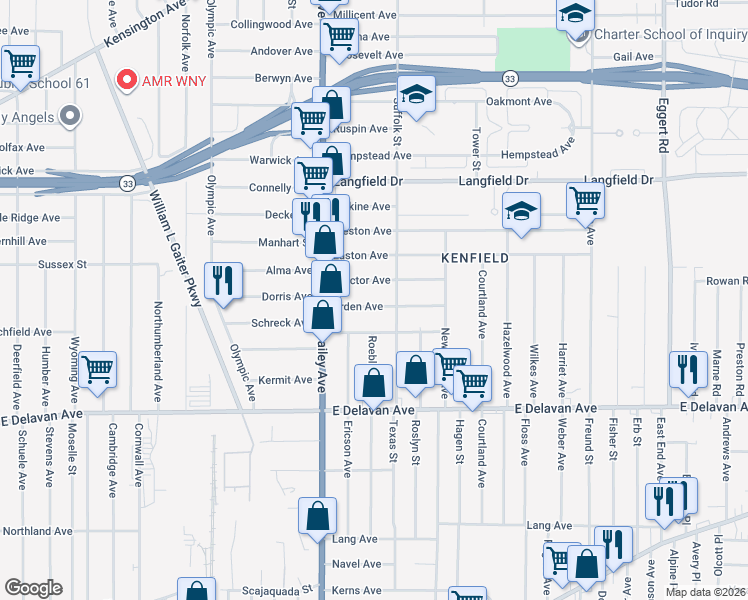 map of restaurants, bars, coffee shops, grocery stores, and more near 60 Arden Avenue in Buffalo