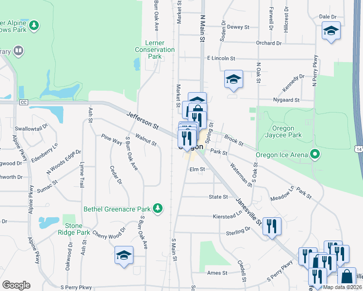 map of restaurants, bars, coffee shops, grocery stores, and more near in Oregon