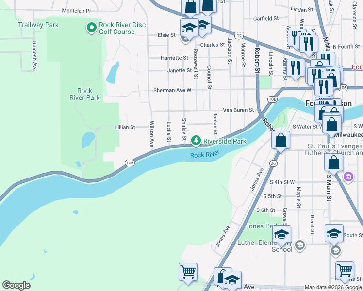 map of restaurants, bars, coffee shops, grocery stores, and more near Riverside Drive in Fort Atkinson