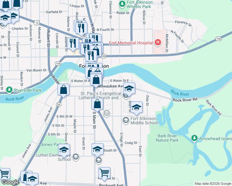 map of restaurants, bars, coffee shops, grocery stores, and more near 308 Foster Street in Fort Atkinson