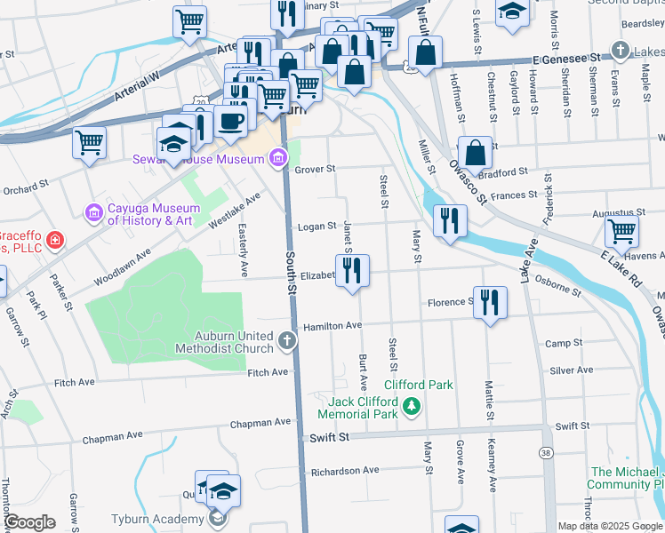 map of restaurants, bars, coffee shops, grocery stores, and more near 11 Elizabeth Street in Auburn