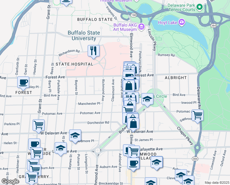 map of restaurants, bars, coffee shops, grocery stores, and more near 143 Claremont Avenue in Buffalo