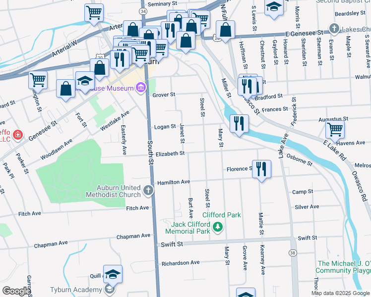map of restaurants, bars, coffee shops, grocery stores, and more near 24 Elizabeth Street in Auburn