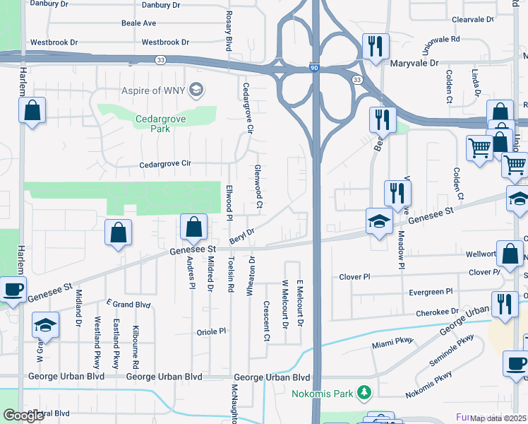 map of restaurants, bars, coffee shops, grocery stores, and more near 85 Beryl Drive in Buffalo