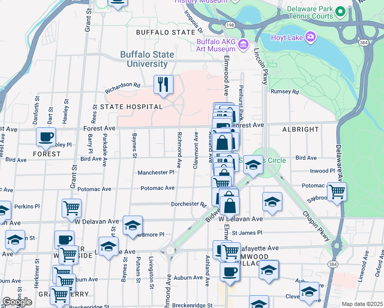 map of restaurants, bars, coffee shops, grocery stores, and more near 811 Richmond Avenue in Buffalo