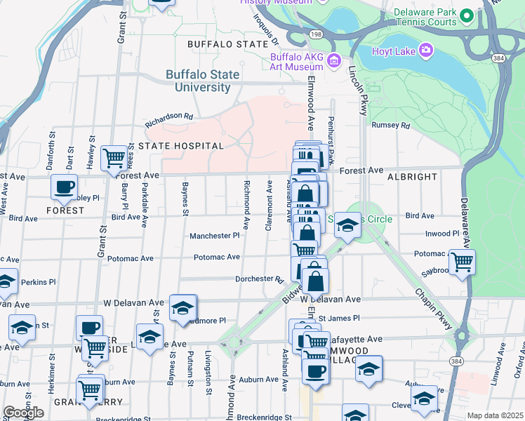 map of restaurants, bars, coffee shops, grocery stores, and more near 811 Richmond Avenue in Buffalo