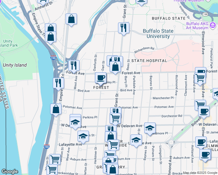 map of restaurants, bars, coffee shops, grocery stores, and more near 211 Bird Avenue in Buffalo