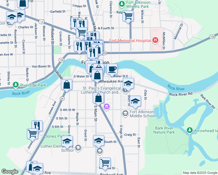map of restaurants, bars, coffee shops, grocery stores, and more near 308 Foster Street in Fort Atkinson