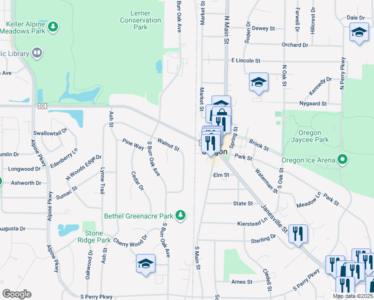 map of restaurants, bars, coffee shops, grocery stores, and more near 221 Walnut Street in Oregon
