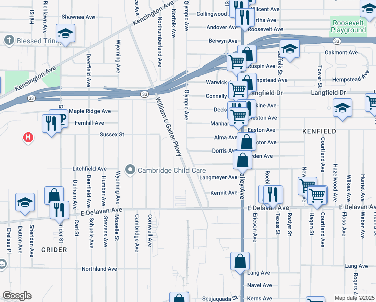 map of restaurants, bars, coffee shops, grocery stores, and more near Olympic Avenue & Dorris Avenue in Buffalo