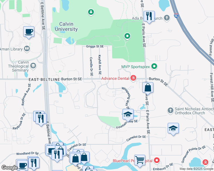map of restaurants, bars, coffee shops, grocery stores, and more near 1800 Whispering Way Drive Southeast in Grand Rapids