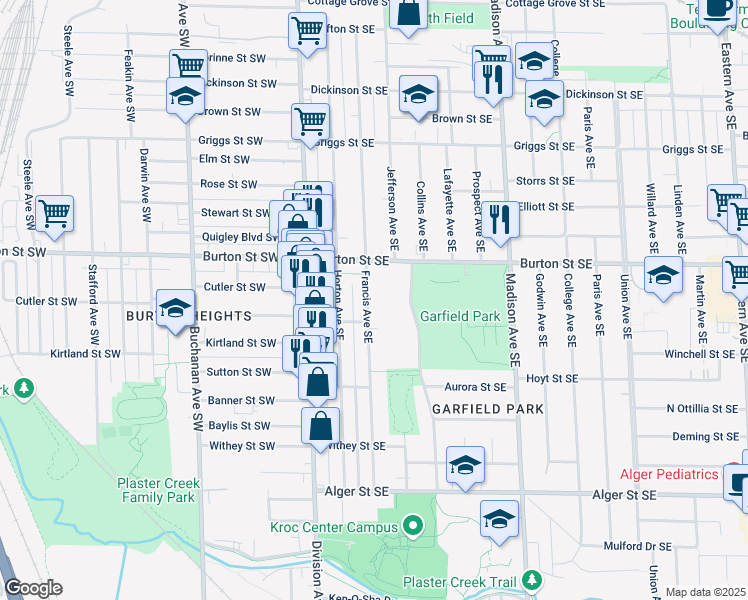 map of restaurants, bars, coffee shops, grocery stores, and more near 2042 Francis Avenue Southeast in Grand Rapids