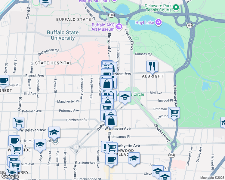 map of restaurants, bars, coffee shops, grocery stores, and more near 34 Granger Place in Buffalo