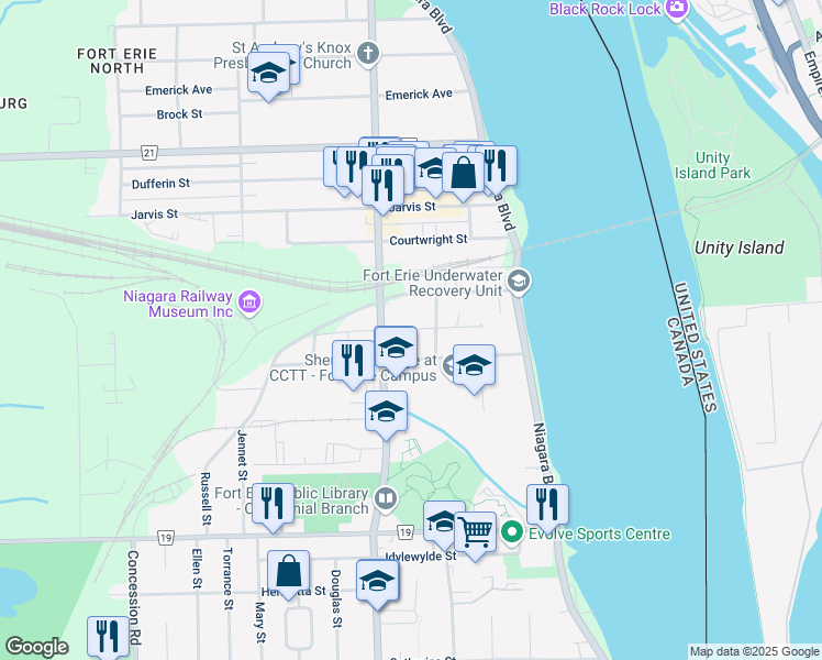 map of restaurants, bars, coffee shops, grocery stores, and more near Bowden Street in Fort Erie