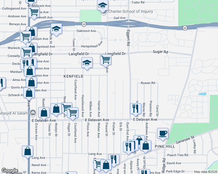 map of restaurants, bars, coffee shops, grocery stores, and more near 150 Edison Avenue in Buffalo