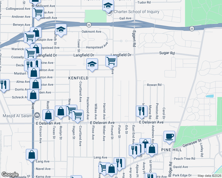map of restaurants, bars, coffee shops, grocery stores, and more near 150 Edison Avenue in Buffalo