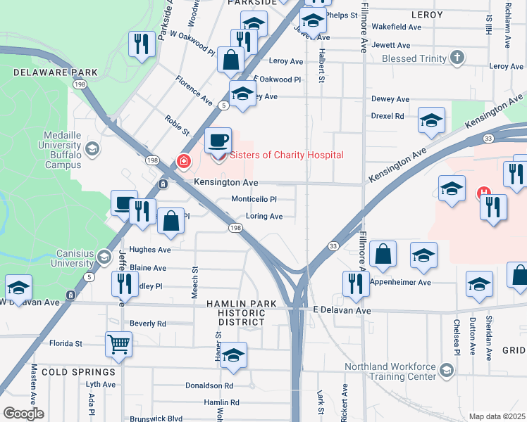 map of restaurants, bars, coffee shops, grocery stores, and more near 66 Monticello Place in Buffalo