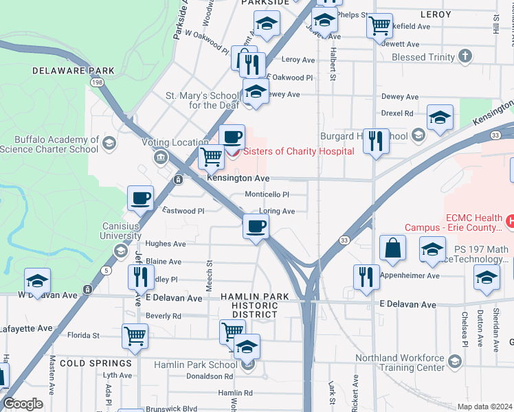 map of restaurants, bars, coffee shops, grocery stores, and more near 66 Monticello Place in Buffalo