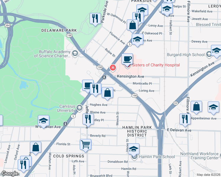 map of restaurants, bars, coffee shops, grocery stores, and more near 46 Glendale Place in Buffalo