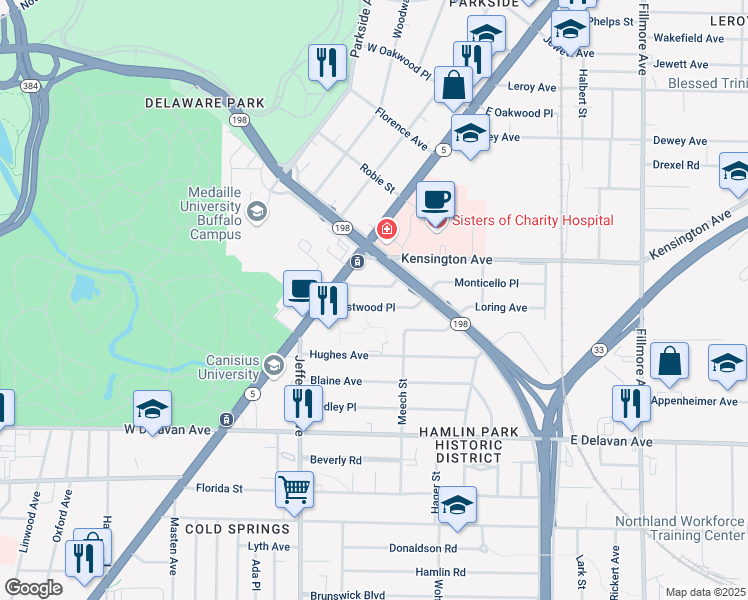 map of restaurants, bars, coffee shops, grocery stores, and more near 46 Glendale Place in Buffalo