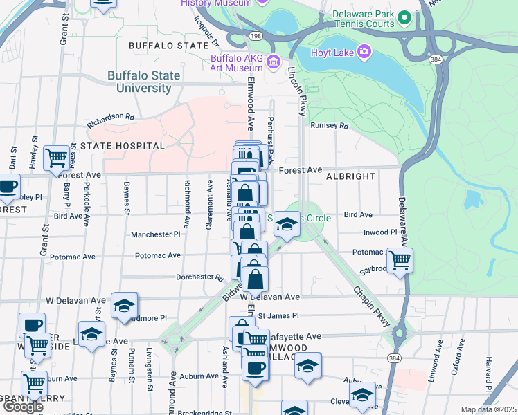 map of restaurants, bars, coffee shops, grocery stores, and more near 34 Granger Place in Buffalo