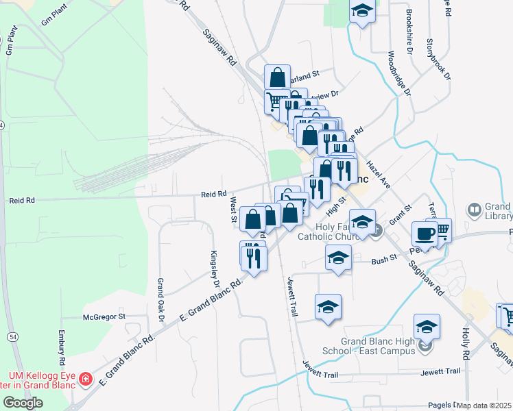 map of restaurants, bars, coffee shops, grocery stores, and more near 317 Church Street in Grand Blanc