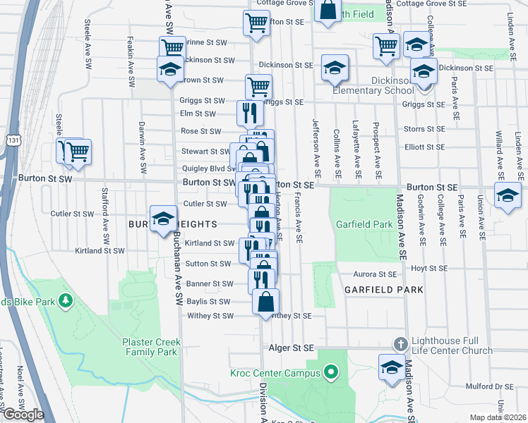 map of restaurants, bars, coffee shops, grocery stores, and more near 2020 Division Avenue South in Grand Rapids