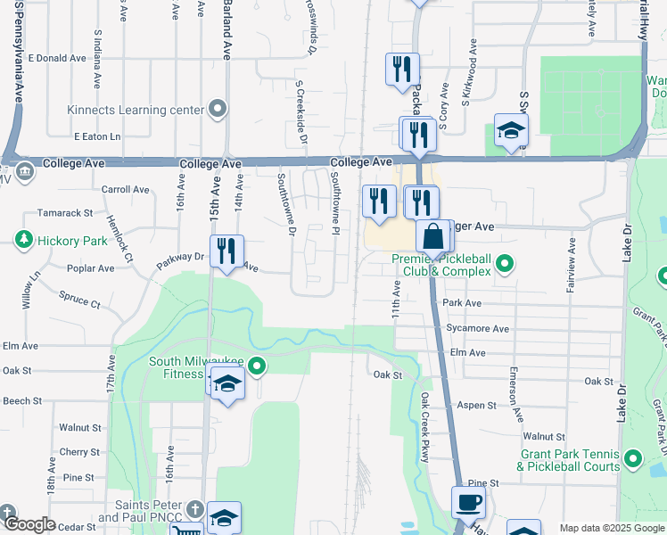 map of restaurants, bars, coffee shops, grocery stores, and more near 555 Southtowne Pl in South Milwaukee