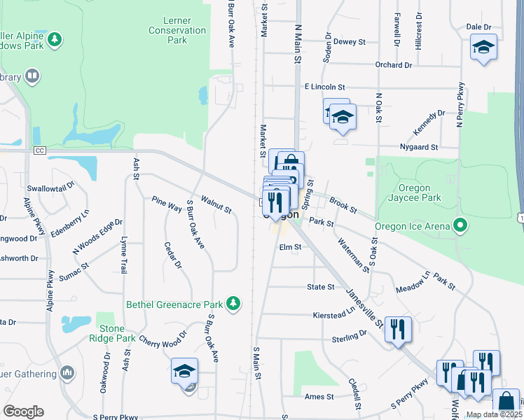 map of restaurants, bars, coffee shops, grocery stores, and more near 127 Jefferson Street in Oregon