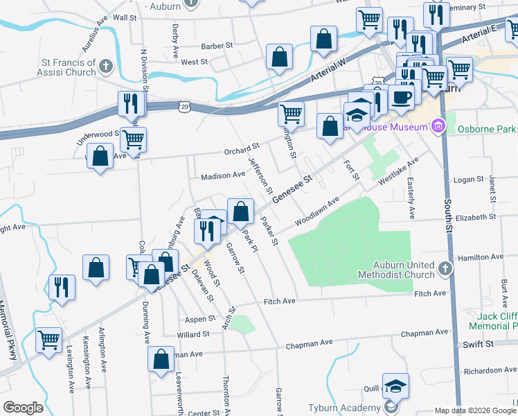 map of restaurants, bars, coffee shops, grocery stores, and more near 215 Genesee Street in Auburn