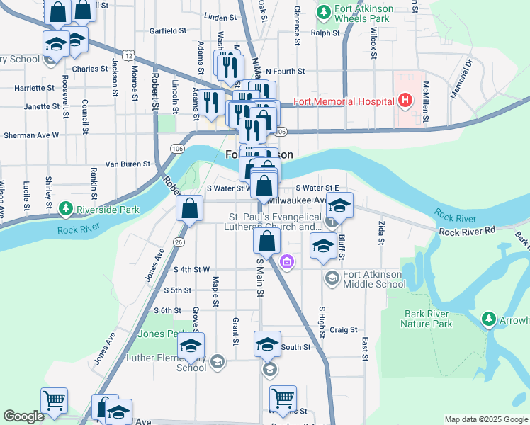 map of restaurants, bars, coffee shops, grocery stores, and more near 19 Milwaukee Avenue East in Fort Atkinson