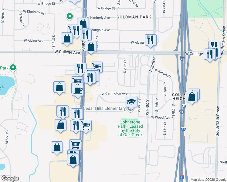 map of restaurants, bars, coffee shops, grocery stores, and more near 2420 Crabapple Court in Oak Creek