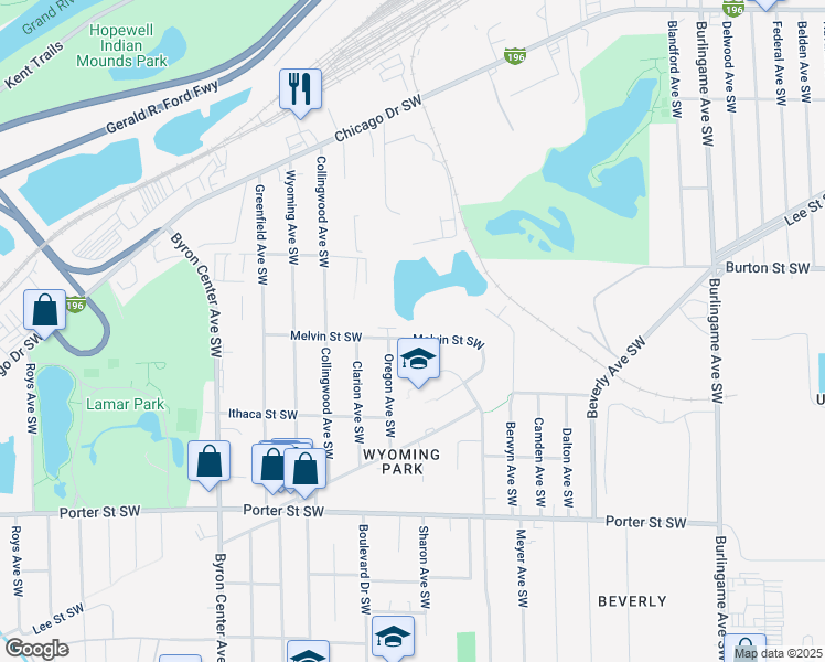 map of restaurants, bars, coffee shops, grocery stores, and more near 2055 Melvin Street Southwest in Wyoming