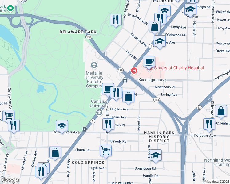 map of restaurants, bars, coffee shops, grocery stores, and more near Main Street & Eastwood Place in Buffalo