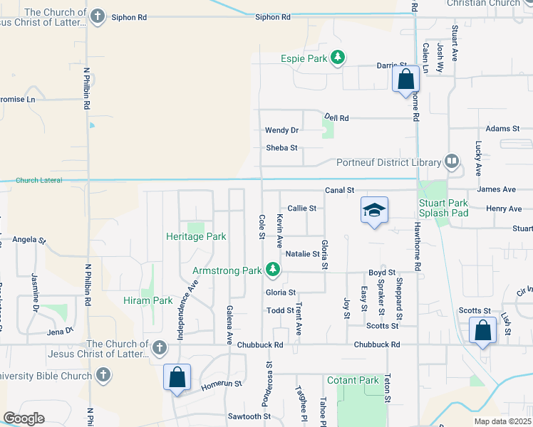 map of restaurants, bars, coffee shops, grocery stores, and more near 5130 Cole Street in Chubbuck