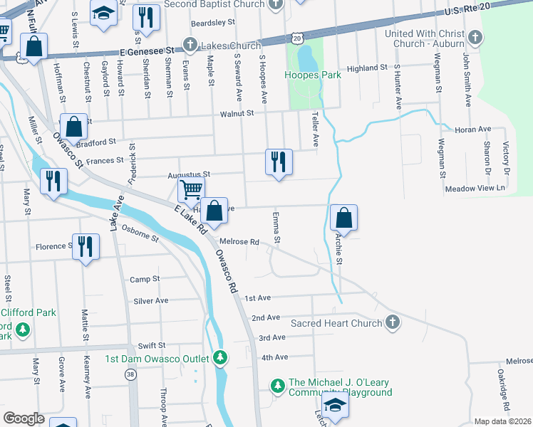 map of restaurants, bars, coffee shops, grocery stores, and more near 47 Havens Avenue in Auburn