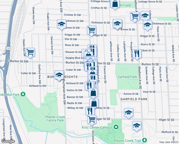 map of restaurants, bars, coffee shops, grocery stores, and more near 2020 Division Avenue South in Grand Rapids