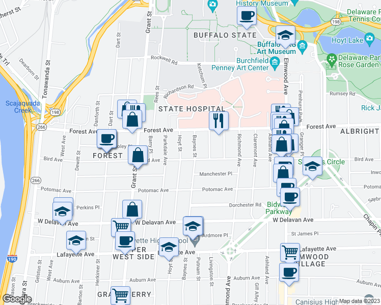 map of restaurants, bars, coffee shops, grocery stores, and more near 398 Baynes Street in Buffalo