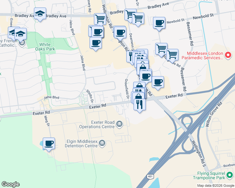 map of restaurants, bars, coffee shops, grocery stores, and more near 700 Exeter Road in London