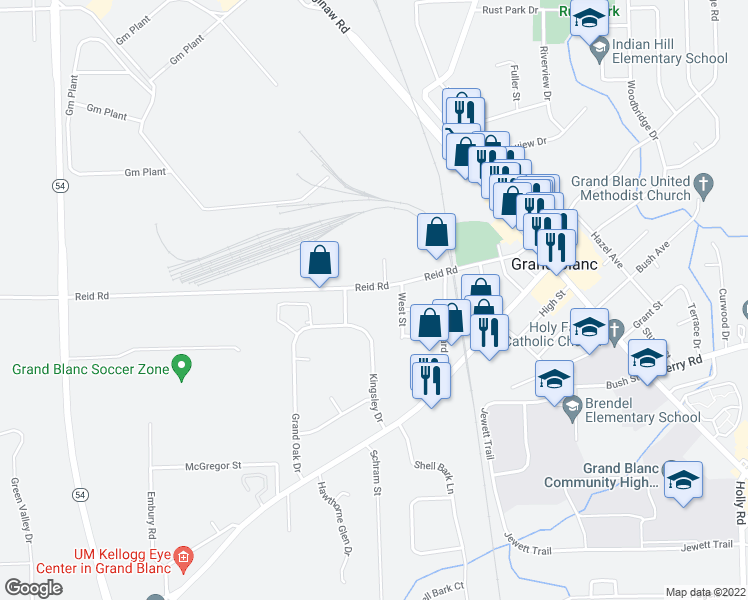 map of restaurants, bars, coffee shops, grocery stores, and more near 521 Reid Road in Grand Blanc