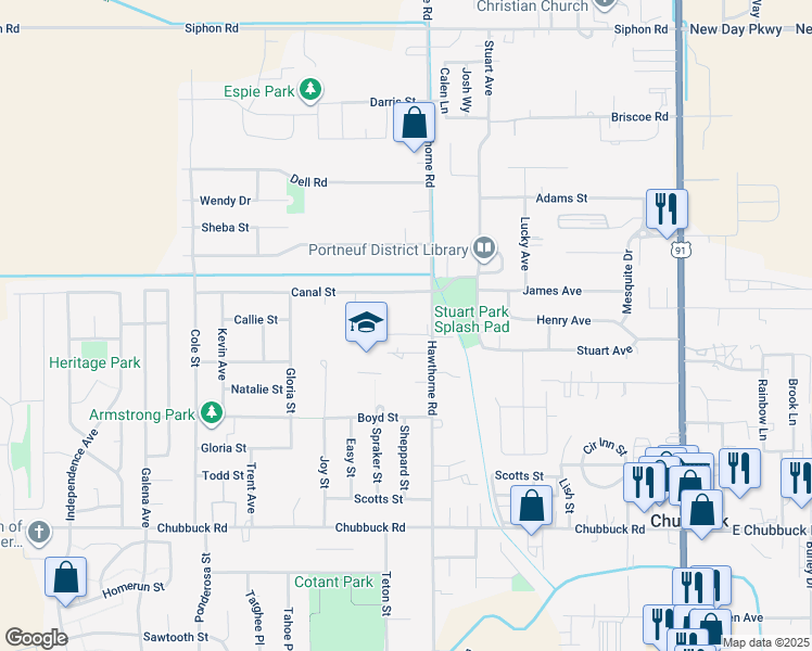 map of restaurants, bars, coffee shops, grocery stores, and more near 541 Canal Street in Pocatello