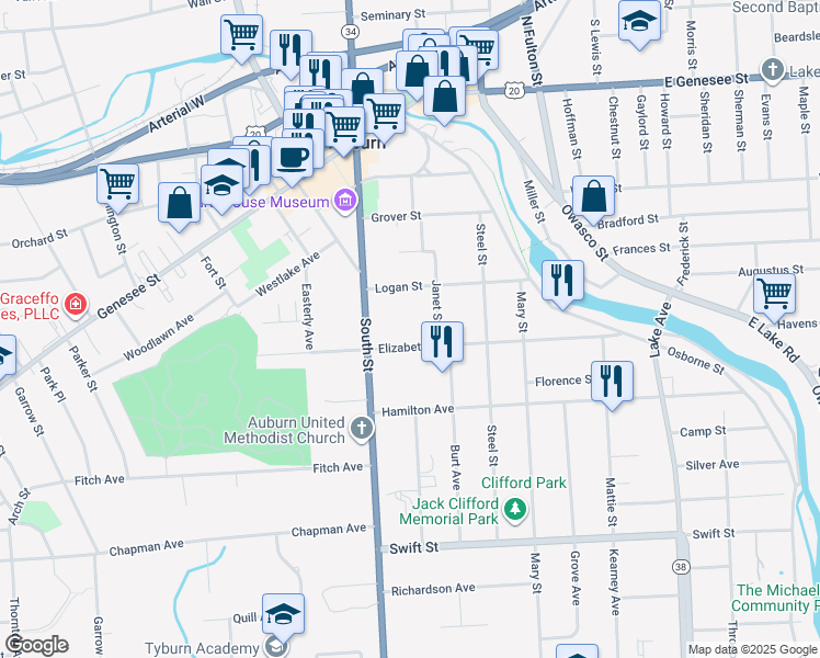 map of restaurants, bars, coffee shops, grocery stores, and more near 4 Logan Street in Auburn