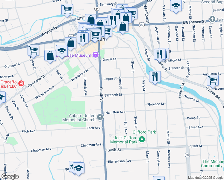 map of restaurants, bars, coffee shops, grocery stores, and more near 4 Logan Street in Auburn