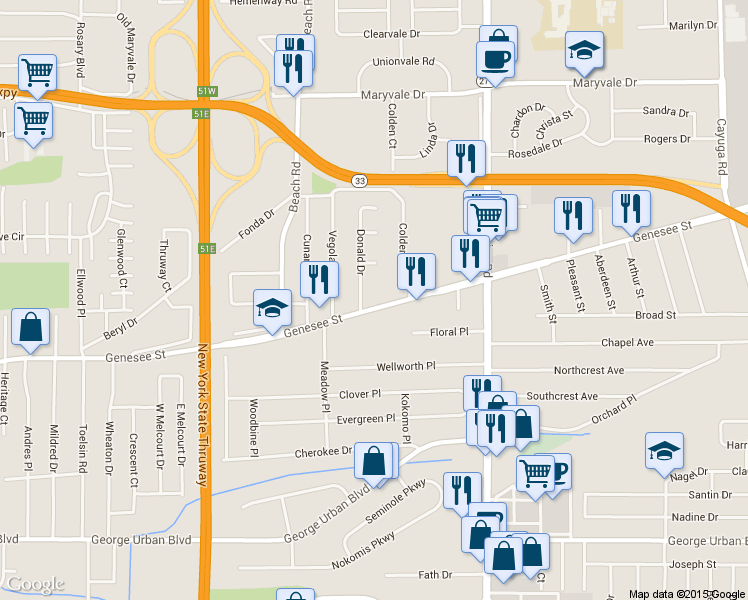 map of restaurants, bars, coffee shops, grocery stores, and more near 25 Donald Drive in Buffalo