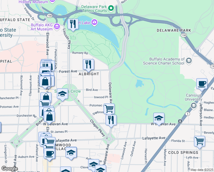 map of restaurants, bars, coffee shops, grocery stores, and more near 37 Berkley Place in Buffalo