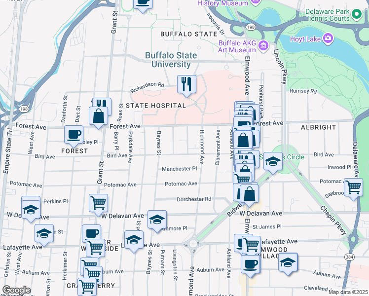 map of restaurants, bars, coffee shops, grocery stores, and more near 56 Tremont Avenue in Buffalo