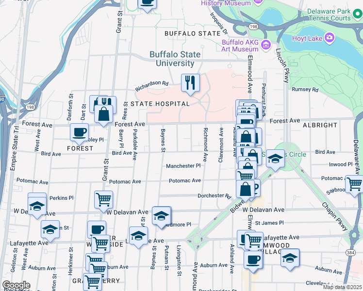 map of restaurants, bars, coffee shops, grocery stores, and more near 31 Abbottsford Place in Buffalo
