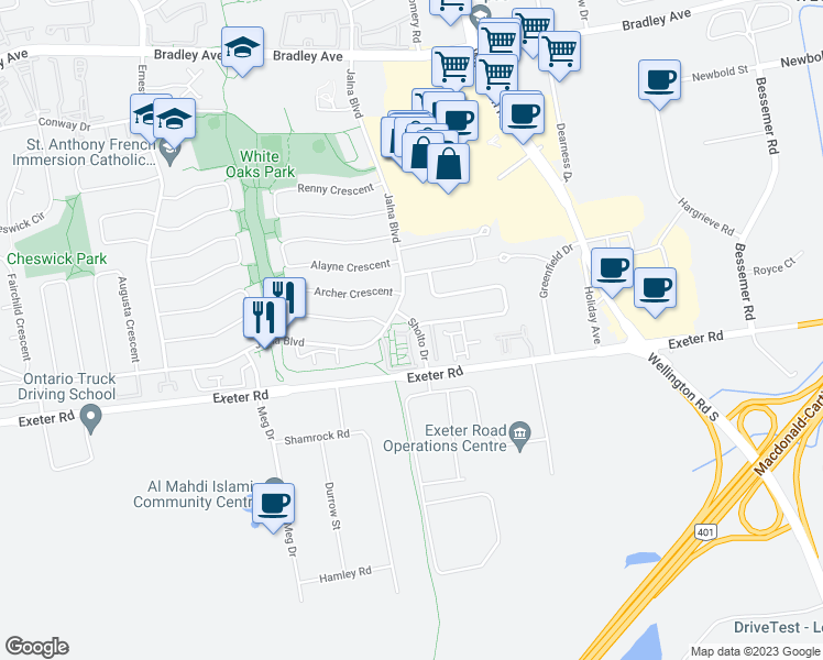 map of restaurants, bars, coffee shops, grocery stores, and more near 1212 Jalna Boulevard in London