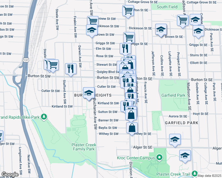 map of restaurants, bars, coffee shops, grocery stores, and more near 73 Cutler Street Southwest in Grand Rapids